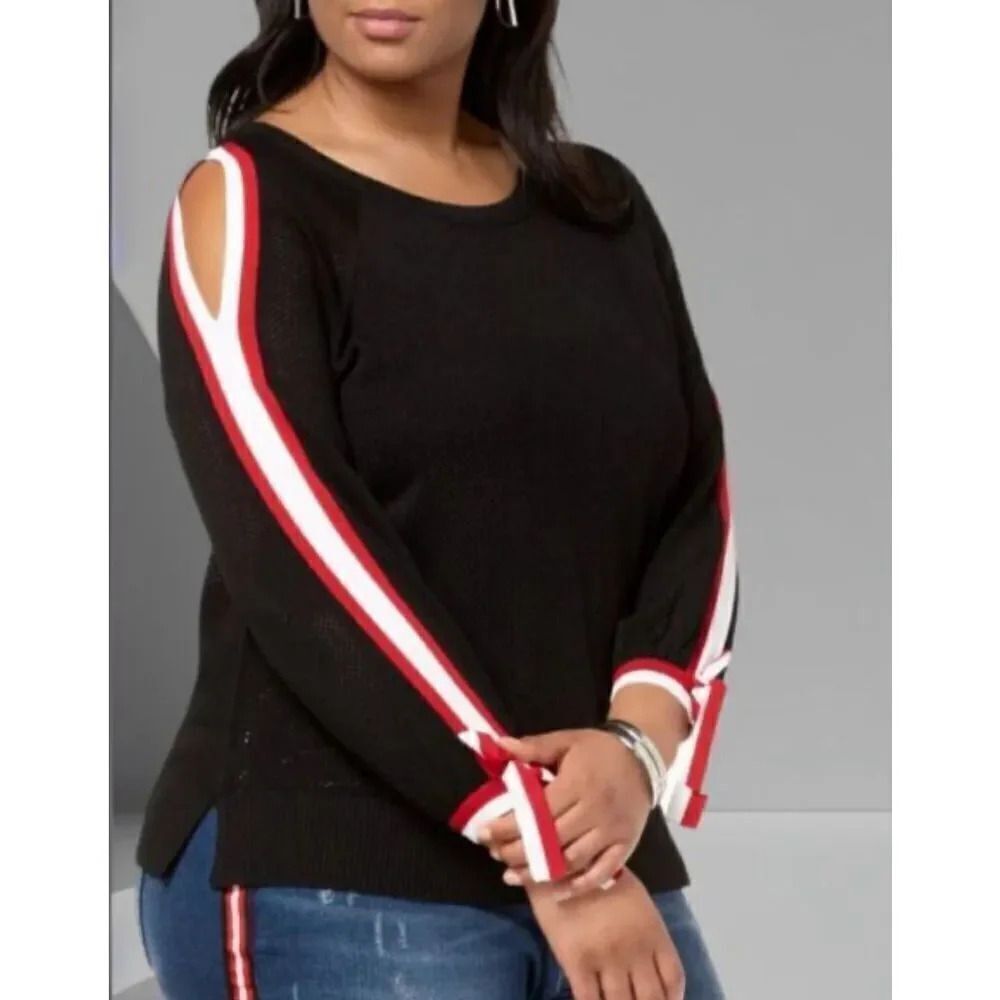 INC International Concepts SP black/ted white striped sleeve w-bow hem jersey st